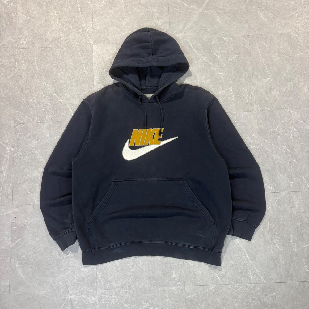 Nike Mens Navy Blue Graphic Pullover Hoodie Yellow Swoosh Logo Medium 4557